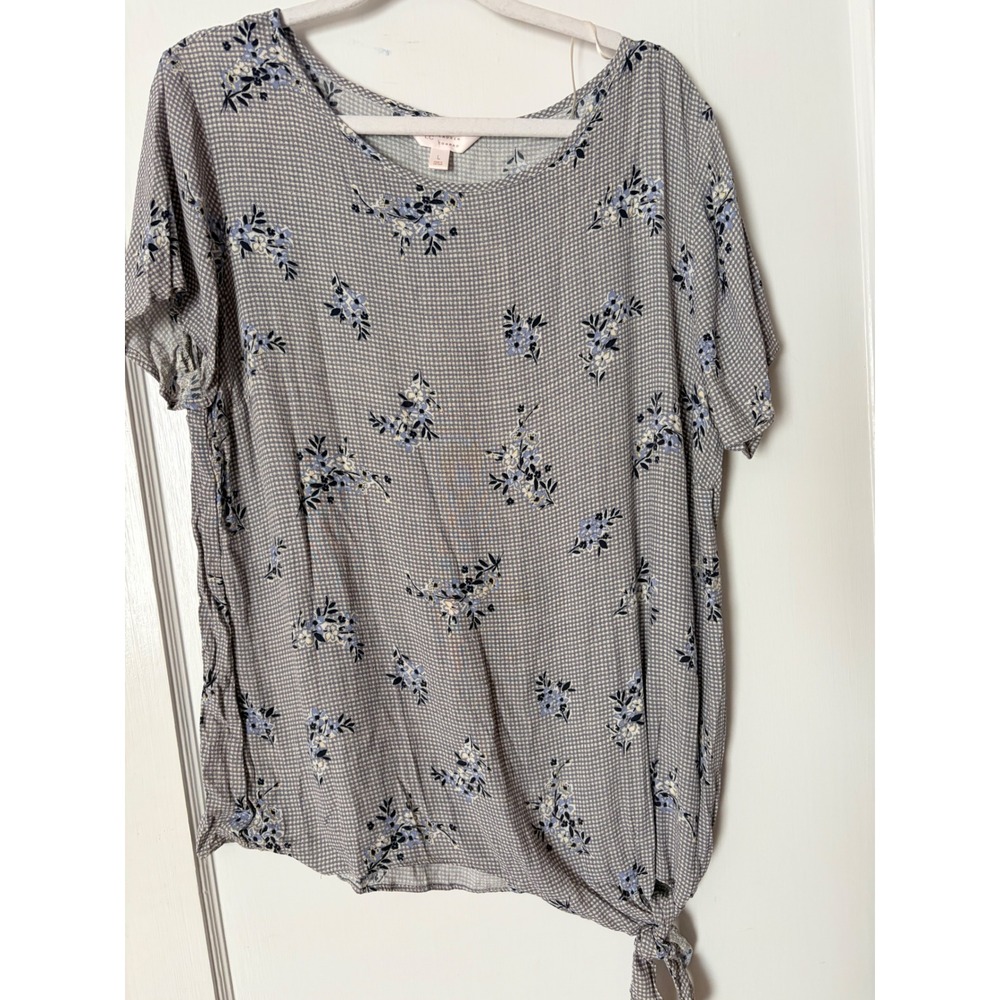 LC Lauren Conrad Women Large Grey Gingham Floral Side Tie Rayon Blouse Top
